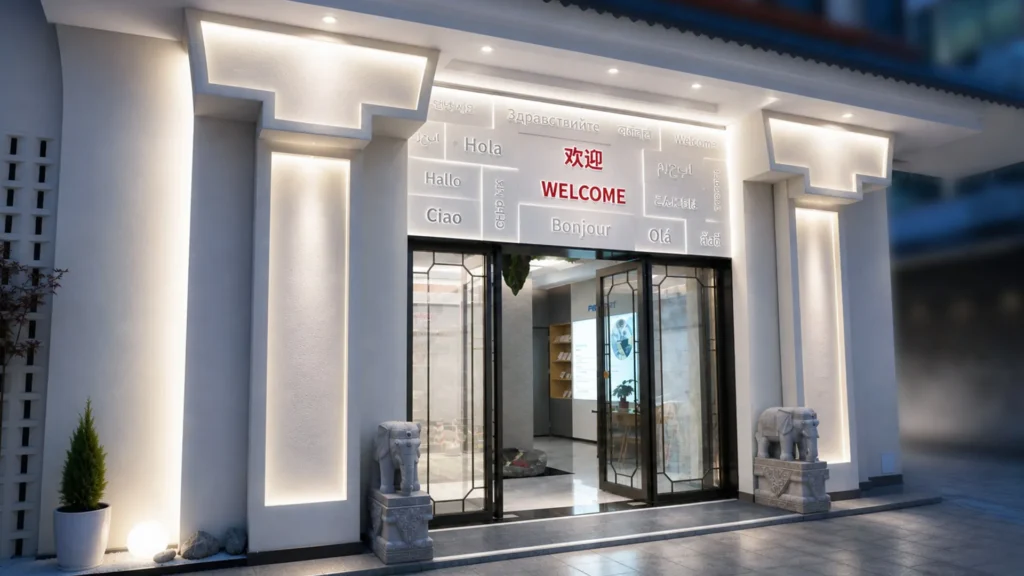 Front side of a building written welcome in different language
