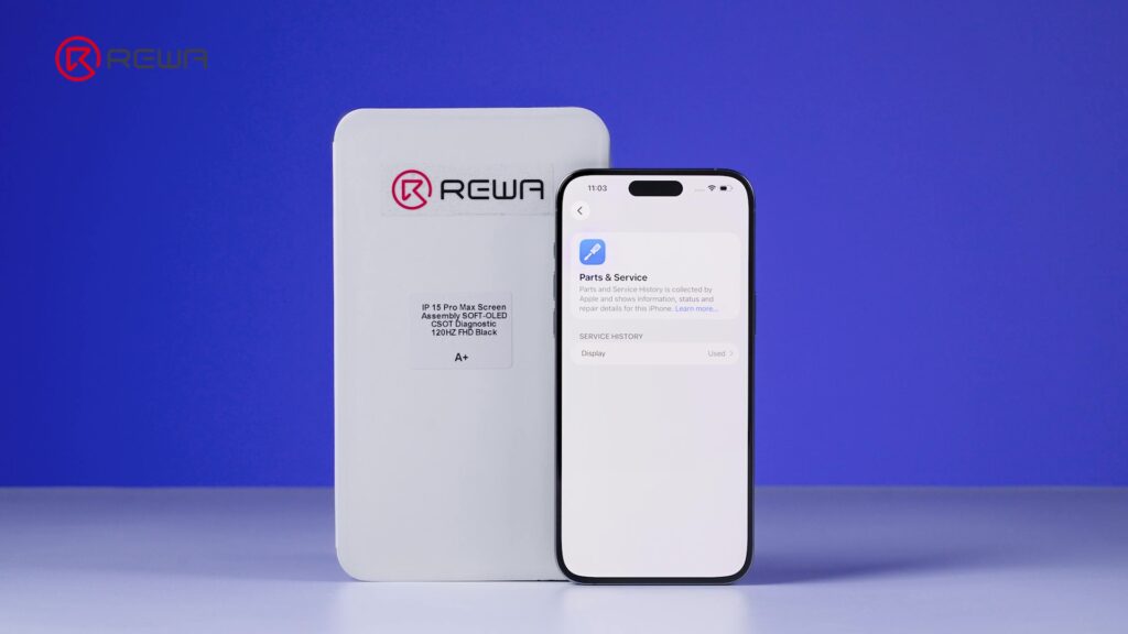 fix iphone unknown part message using diagnostic-compatible parts A package with an iPhone showing parts & service branding "REWA" on blue background