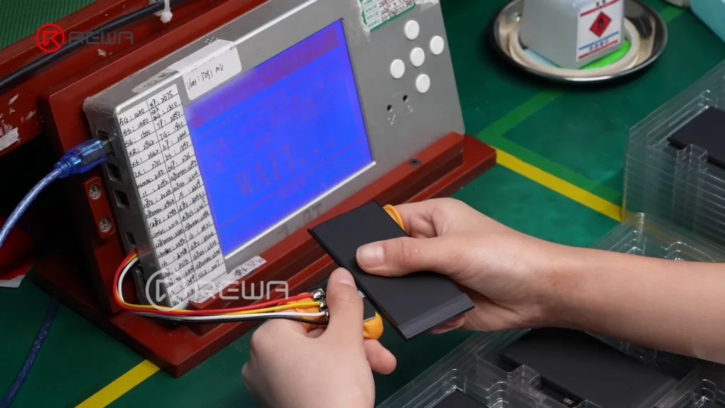 how iphone aftermarket battery bms boards are made Technician connecting an assembled iPhone battery to a digital testing device to monitor voltage and internal resistance